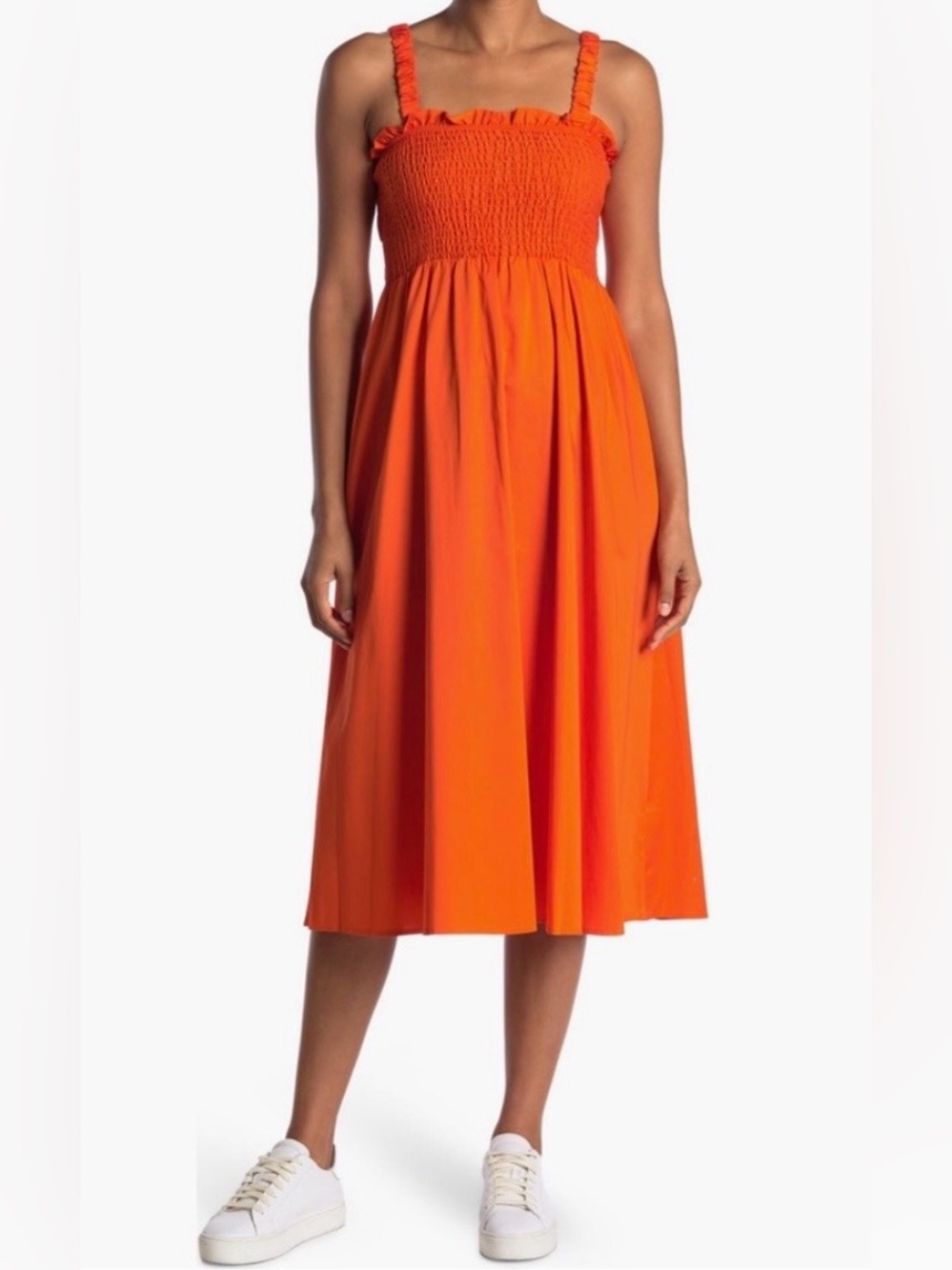 Topshop Shirred Poplin Dress in Vibrant Orange | 100% Cotton | US 8–10